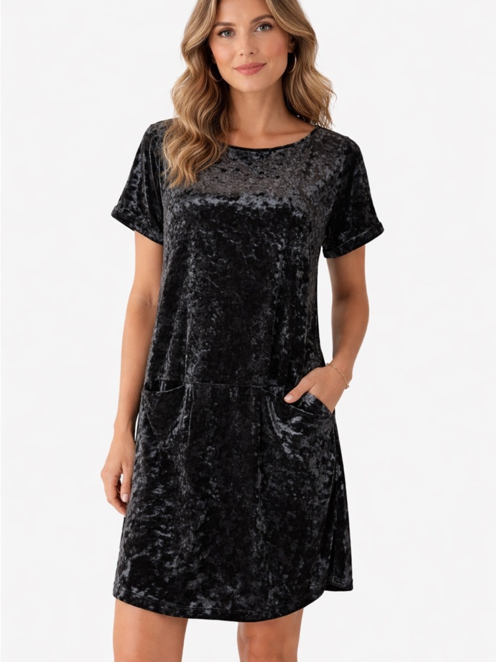 Cupio NWT Black Soft Crushed Velvet Cap Sleeve Dress Front Pockets Size Medium
